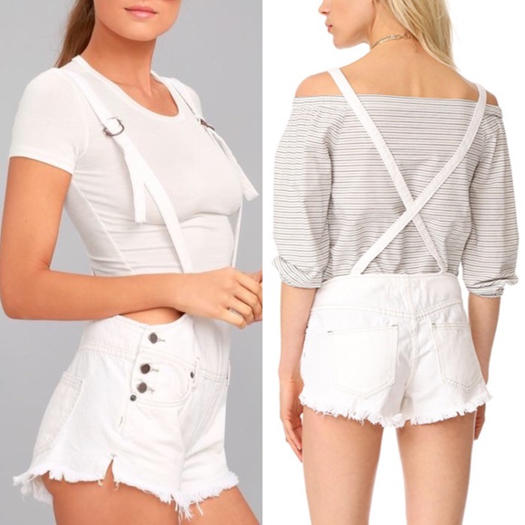 Free People Pants - • Free People • White Distressed Denim Overalls
